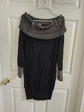 No Boundaries Black Off-Shoulder Sweater Dress with Metallic Trim